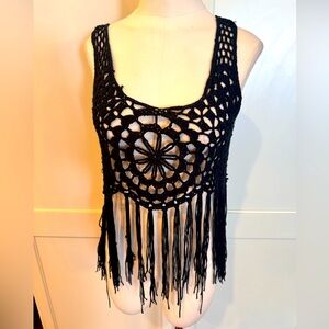 Black Crochet Fringe Tank Top